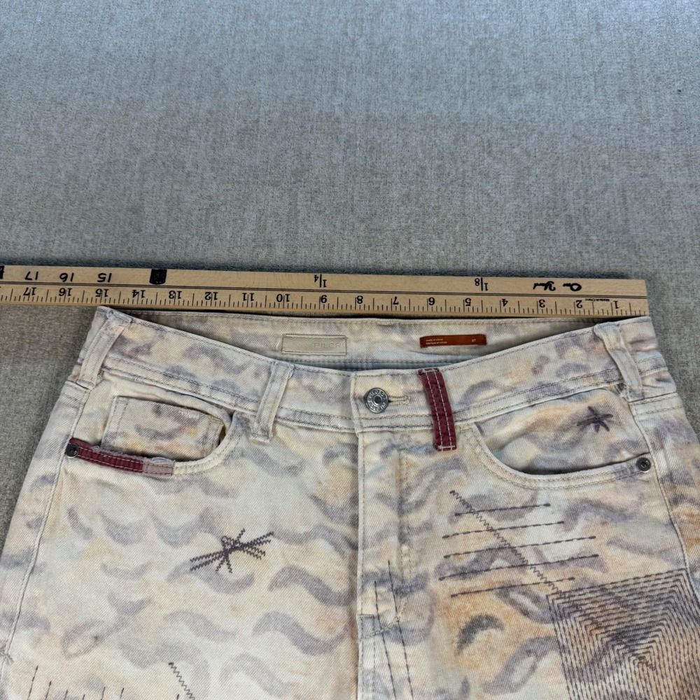 Pilcro Slim Boyfriend Jeans Womens 27 Tan Cream Patchwork Embroidered Abstract - Picture 4 of 10